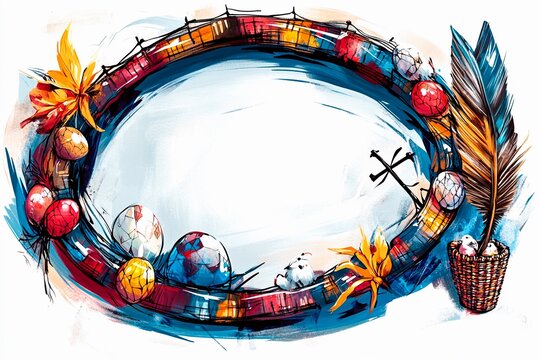 Colorful oval frame featuring dream weaver design with decorative elements and Easter themes