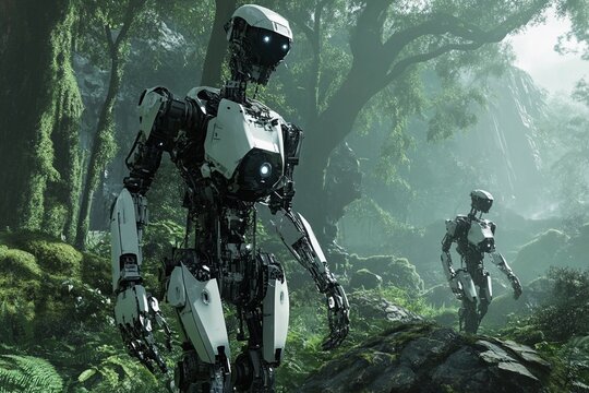 Robotic foresters manage a futuristic forest environment during daylight hours