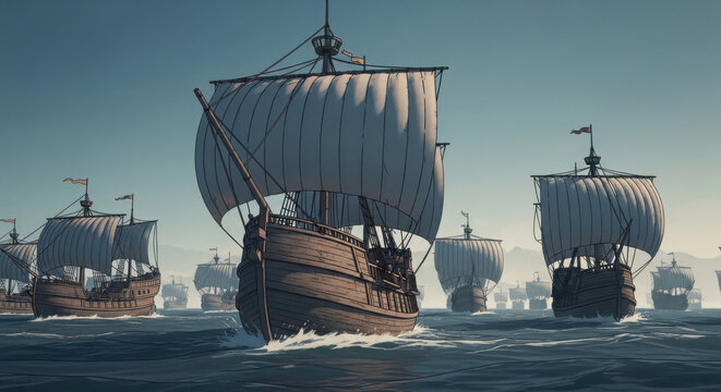 Wooden vintage sailing ships navigate through calm blue ocean waters on a clear sunny day with detailed sails and masts