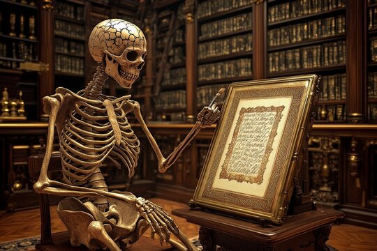 Cracked skeleton seated in library reading a large book with brass details