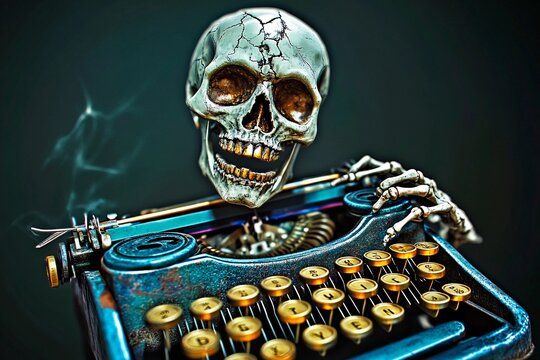 Cracked skeleton using Victorian style typewriter for spooky writing session