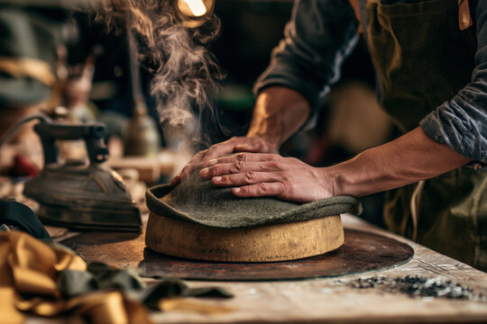 Milliner shaping damp felt over a wooden hat block