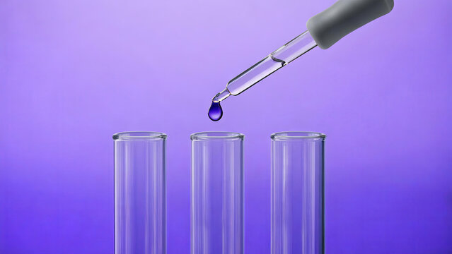 A laboratory pipette dispenses a drop of purple liquid above three empty glass test tubes, set against a solid purple background.