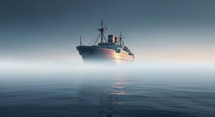 Fototapeta premium Majestic vintage ocean liner cruise ship sailing through thick morning fog on calm blue water with soft golden sunlight illumination