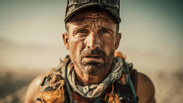 Determined man in rugged outdoor adventure gear.
