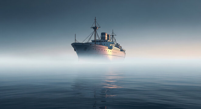 Majestic vintage ocean liner cruise ship sailing through thick morning fog on calm blue water with soft golden sunlight illumination