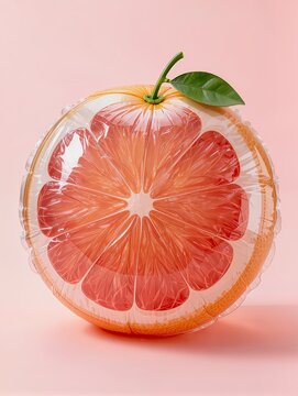 A large grapefruit sculpture made entirely from transparent inflatable plastic, spherical shape with subtle citrus texture created through fine wrinkles, small green leaf and stem