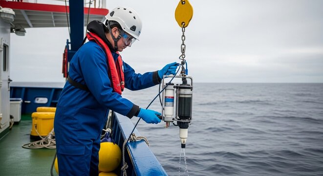 Marine scientist on research vessel collecting water samples with scientific equipment in the ocean