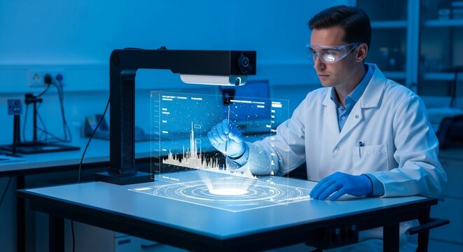 Marine scientist utilizing advanced holographic technology for deep sea research and data analysis in a modern laboratory setting.