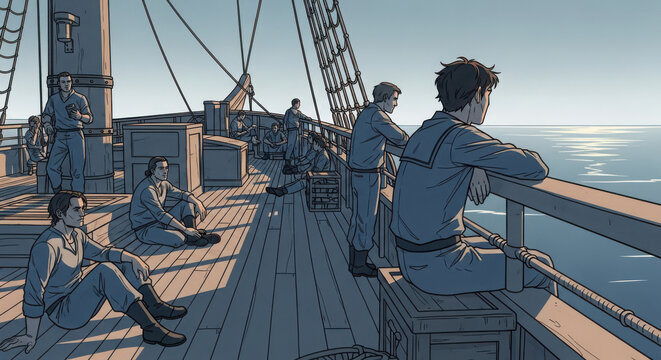 Sailors relaxing on wooden deck of historical sailing vessel while watching calm blue ocean water during quiet bright afternoon hours