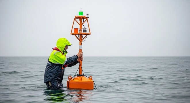 Marine technician in yellow jacket servicing an orange navigational buoy in the ocean