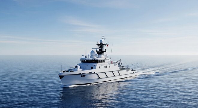 Modern white autonomous surface vessel navigating calm ocean waters under a clear blue sky