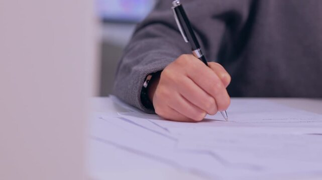 Hand Pen Document Writing Signature Paper Business Office Closeup Paperwork Professional Desk Note Meeting Planning Task Soft Focus Corporate Scene