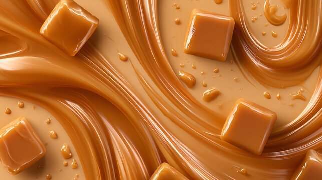 A top-down confectionery composition featuring caramel topping on a warm caramel-colored background creating rich visual energy
