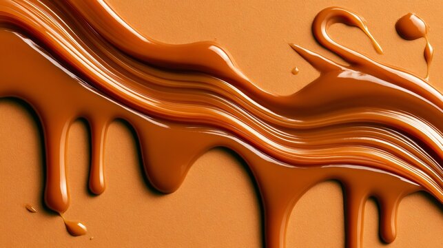 A top-down confectionery composition featuring caramel topping on a warm caramel-colored background creating rich visual energy