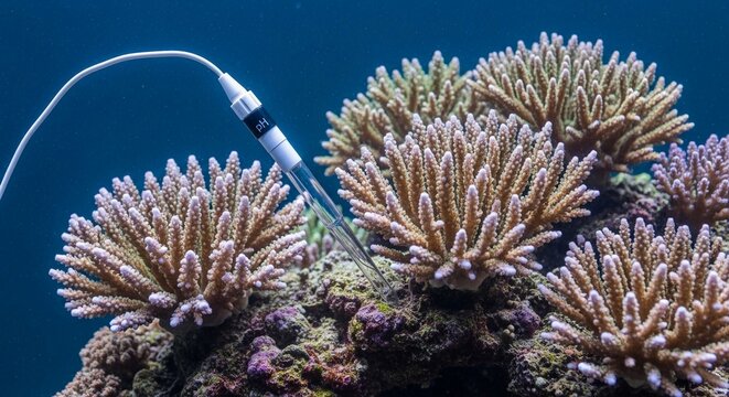 pH probe measuring water quality in a vibrant coral reef aquarium ecosystem.