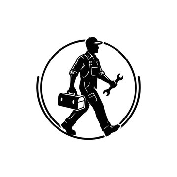Mechanic carrying toolbox and wrench logo