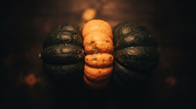 A vibrant display of green and orange squash is artistically arranged, showcasing the beauty of fall produce. This rustic scene evokes a warm, cozy feeling associated with harvest time.