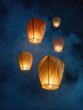 A group of five traditional Chinese Mid-Autumn lanterns recreated entirely from transparent inflatable plastic, different sizes and rounded silhouettes, each glowing with warm golden internal light