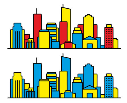 City skyline illustration using primary colors and outline