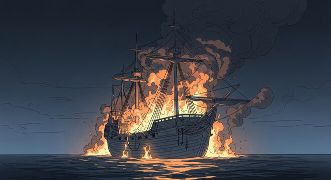 Ancient wooden sailing ship engulfed in bright orange flames amidst a dark stormy sea during an intense maritime disaster illustration