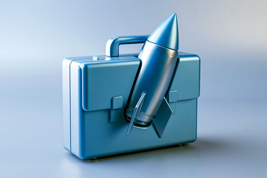3D rendered abstract icon of a rocket launching from a blue briefcase, symbolizing business startup, career growth, and entrepreneurial ambition