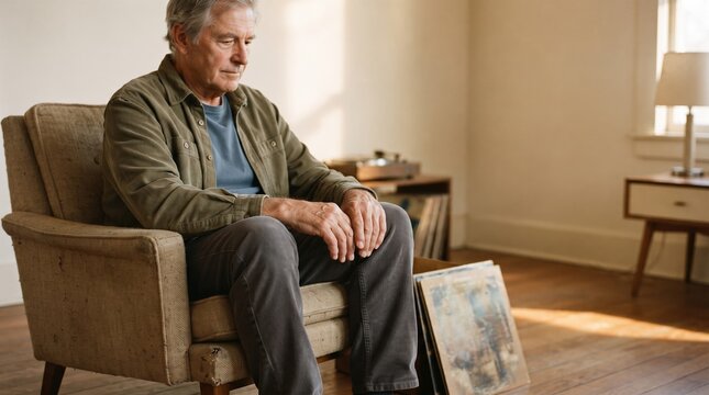 In a warm, sunlit living room, an older man sits pensively in an armchair, lost in thought while gazing at artworks on the floor nearby.