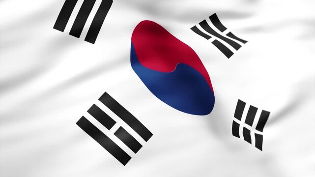 Realistic South Korea flag waving in the wind with detailed fabric folds and national symbol background