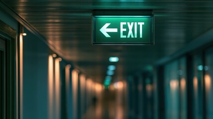 Fototapeta premium Illuminated green exit sign with left arrow hanging from ceiling in dimly lit modern hallway corridor with blurry background perspective
