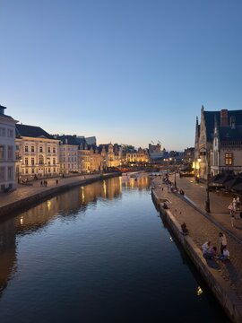Ghent Water Canal and Historic Buildings Illuminated at Night, Belgium