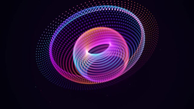 A futuristic 3D quantum torus vortex of glowing neon pink, purple, and orange particles accelerating into a digital singularity core on a black background. Ideal for cyberpunk tech promos, sci-fi HUD 