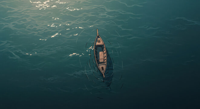 Small wooden rowing boat floating peacefully on deep blue calm ocean water captured from high above in artistic digital style