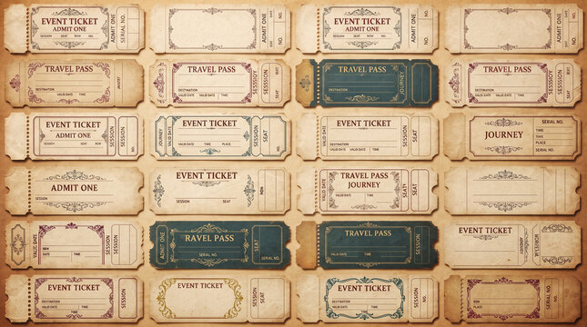 Vintage event tickets arranged in a grid on aged paper background