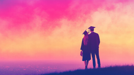 Fototapeta premium Silhouettes of graduating couple in caps looking at vibrant sky.
