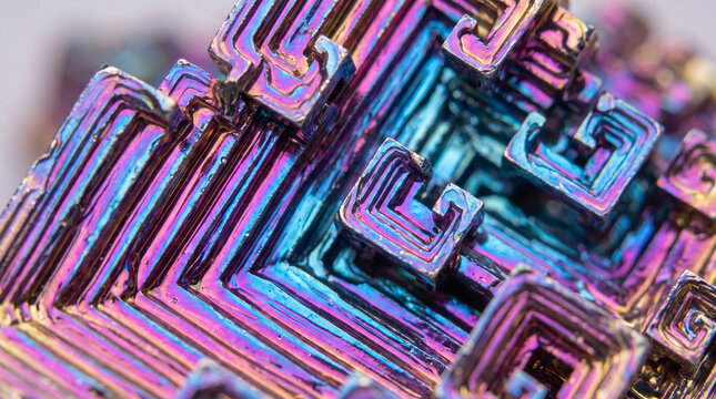 Macro 3D render of iridescent bismuth crystal abstract geometric texture background.