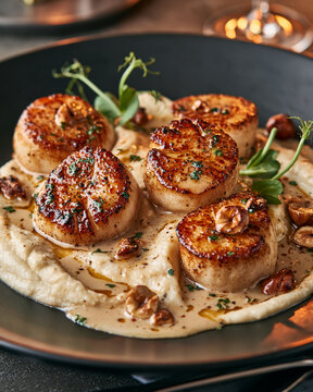 Seared scallops with cauliflower pur&Atilde;&copy;e, brown butter sauce, roasted hazelnuts, pea shoots and delicate herbs, elegant matte black plate, contemporary fine dining plating