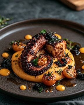 Tender grilled octopus tentacle with saffron potato pur&Atilde;&copy;e, roasted cherry tomatoes, black olive crumble, herbs and citrus gel, artistic Mediterranean fine dining plating, dark ceramic plate