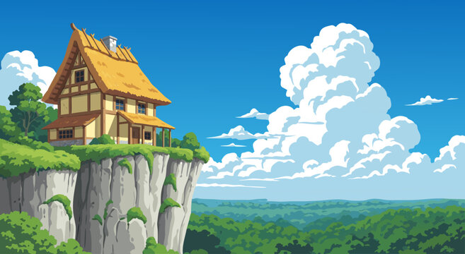 Anime style illustration of a rustic wooden cottage perched on a cliff edge