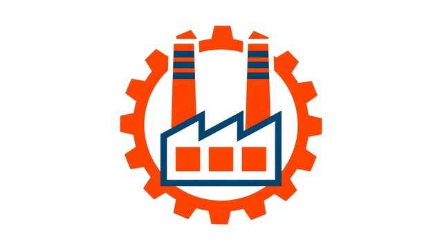 Modern Minimalist Industrial Logo Presentation Background, Factory Silhouettes Geometric Gears Bold Orange Dark Blue Copy Space Vector Design