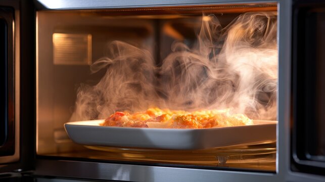 Close-up of steaming hot food dish cooking inside microwave oven with visible vapor and warm light inside kitchen appliance