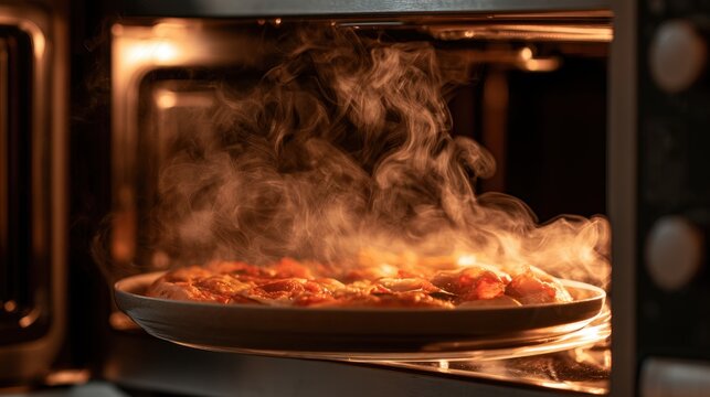 Hot steaming pizza cooking inside an oven with visible smoke rising as it bakes on a plate in warm kitchen lighting close-up view