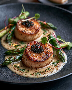 Luxury lobster medallions with black caviar, champagne beurre blanc, asparagus tips and microgreens, refined black porcelain plate, ultra elegant haute cuisine presentation