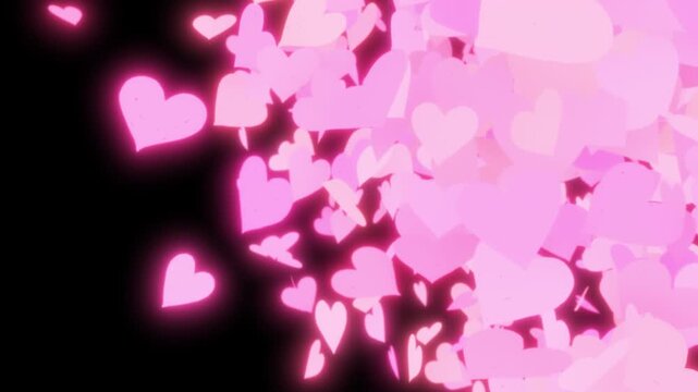 たくさんのピンクに光るハートが画面を横切り飛んでいく透過トランジションワイプ