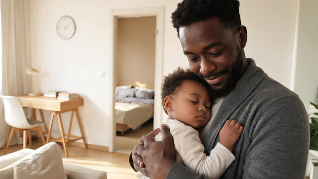A caring father holds a sleeping young child in a bright, warm home interior with cozy furnishings.