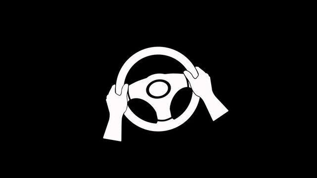 Steering wheel and hand icon loop animation on black background. Man hand and car steering wheel turning and returning to its original position. Automotive steering wheel turning right and left icon