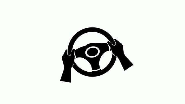 Steering wheel and hand icon loop animation on white background. Man hand and car steering wheel turning and returning to its original position. Automotive steering wheel turning right and left icon