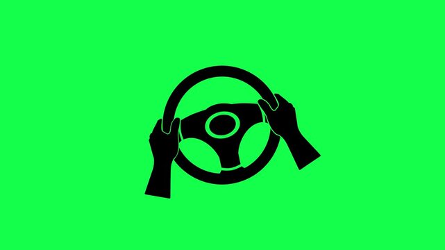 Steering wheel and hand icon loop animation on green background. Mand hand and car steering wheel turning and returning to its original position. Automotive steering wheel turning right and left icon