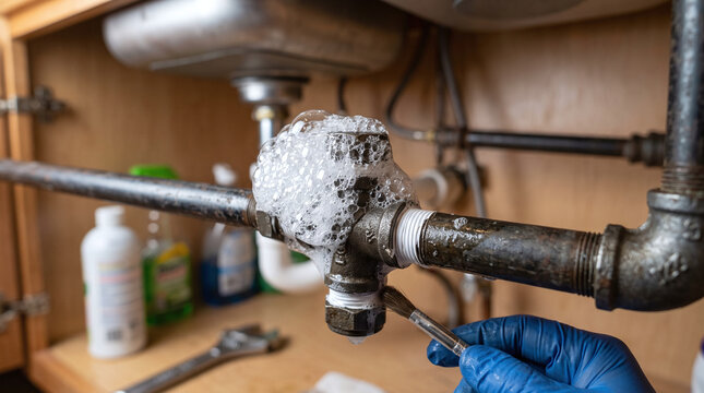 Plumber testing gas pipe joint for leak with soapy water under kitchen sink