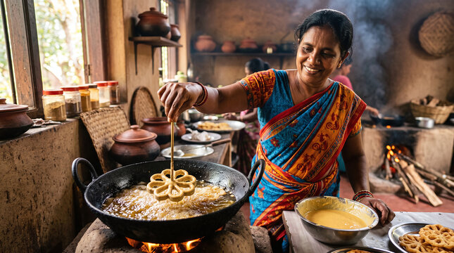 Sri Lankan woman frying traditional festive kokis snack in a rustic kitchen