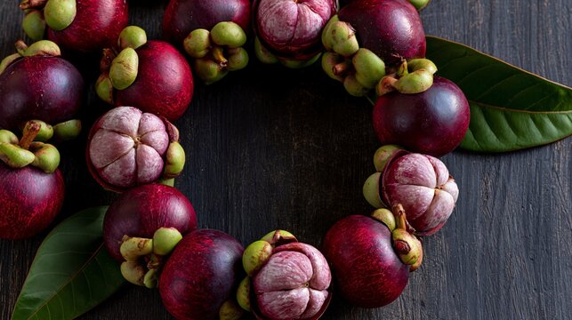 A circular arrangement where mangosteen forms a decorative ring around empty center copy space designed for advertising